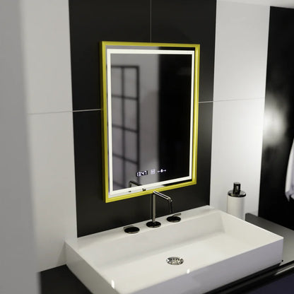 Oglinda LED Rectangulara, 50x70cm, Premium Verite Royale Gold Motion Glow Marcello, Sistem Dezaburire, Ceas &amp; Termometru, Dimabila