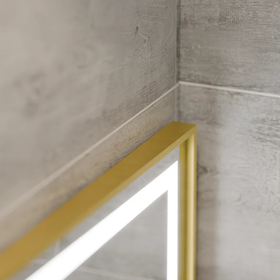 Oglinda LED Rectangulara, 80x60cm, Premium Eclat MotionGlow Marcello, Sistem Dezaburire, Ceas &amp; Termometru, Lupa Cosmetica, Dimabila, Rama Auriu Brushed