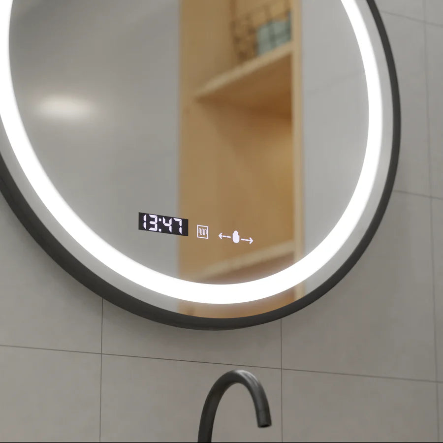 Oglinda LED Rotunda, 60cm, Premium Celeste Majeste Noir MotionGlow Marcello, Sistem Dezaburire, Ceas &amp; Termometru, Dimabila