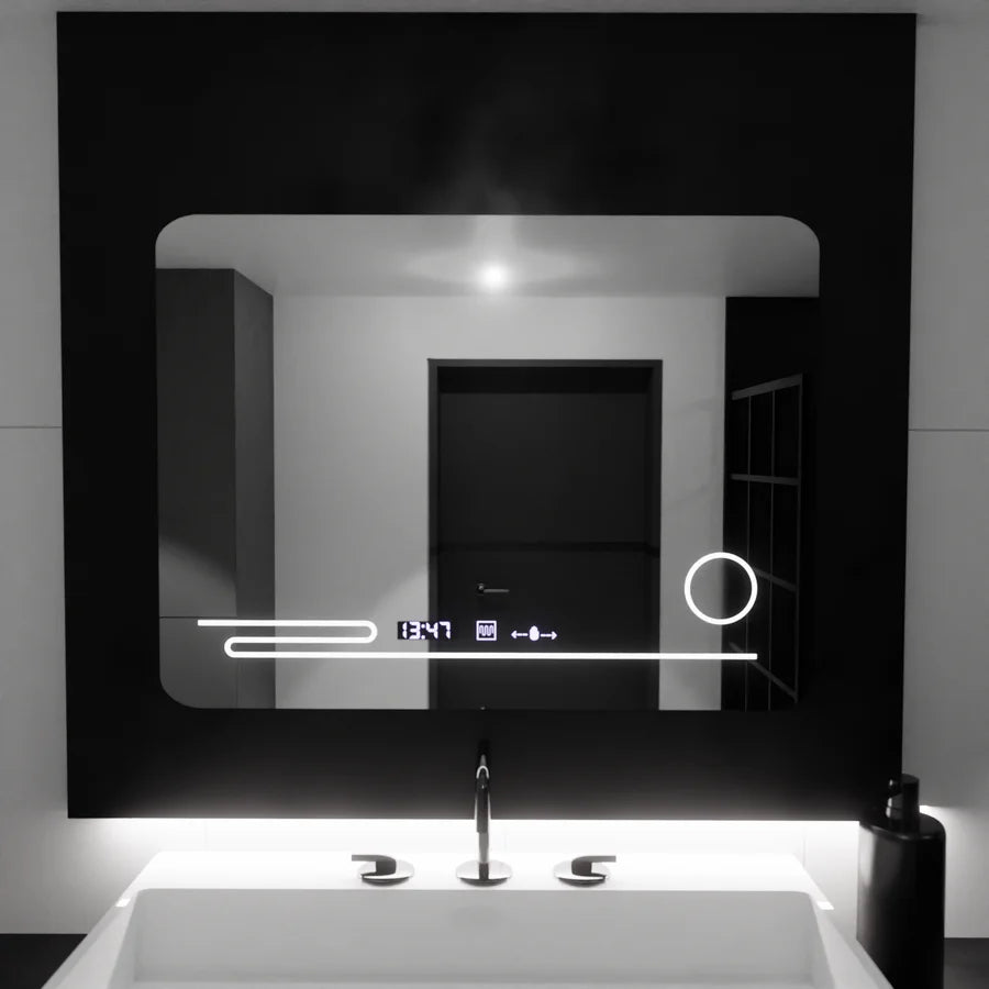Oglinda LED Rectangulara, 80x60cm, Premium Harmonie MotionGlow Marcello, Sistem Dezaburire, Termometru si Ceas, Lupa Cosmetica, Dimabila