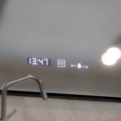 Oglinda LED Senzor MotionGlow Premium Sofia, 110x75 cm, Dezaburire Termometru Ceas, Lumina Calda/Rece/Neutra Dimabila,Rama Negru Brushed