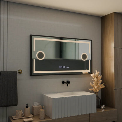 Oglinda LED Senzor MotionGlow Premium Domingo, 120x65 cm, Dezaburire Termometru Ceas, Lumina Rece/Calda/Neutra Dimabila, Rama Negru Brushed