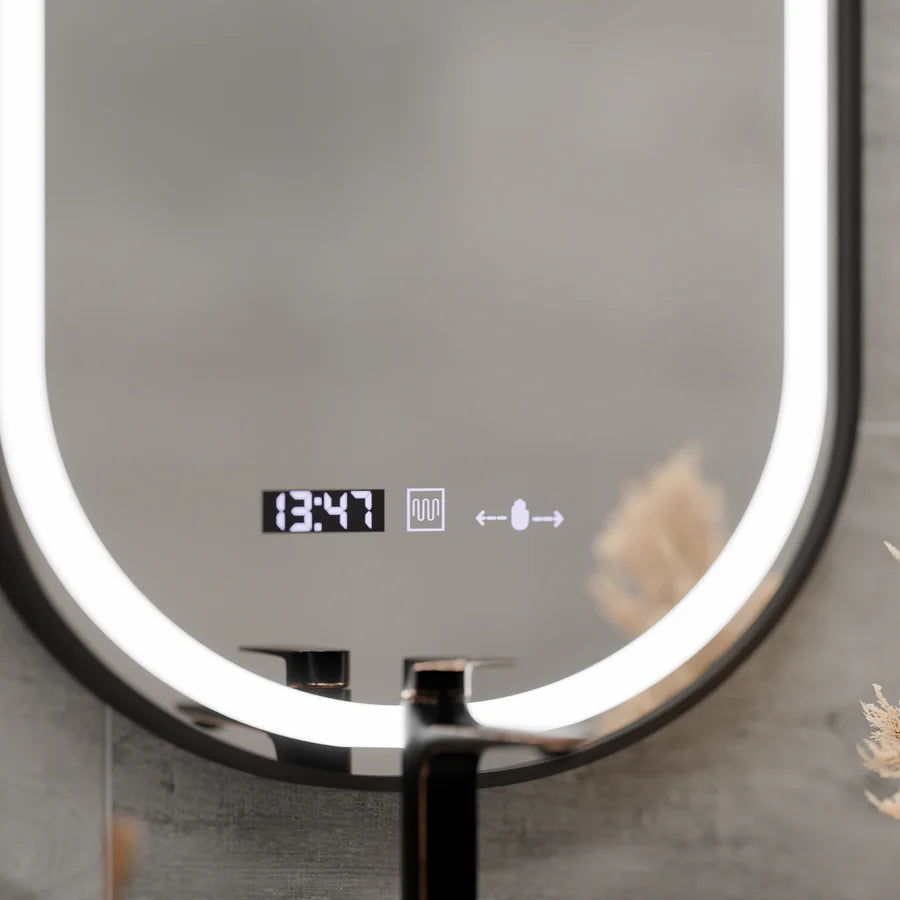 Oglinda LED Senzor Premium Helmut, 50x80 cm, Sistem Dezaburire, Ceas si Temperatura, Rama Negru Brushed Marcello Funghi