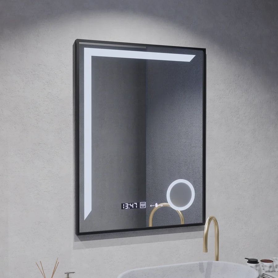 Oglinda LED Senzor Premium MotionGlow Francesca, 60x80cm, Lumina Calda/Rece/Neutra Dimabila Rama Negru Brushed Sistem Dezaburire Termometru Ceas