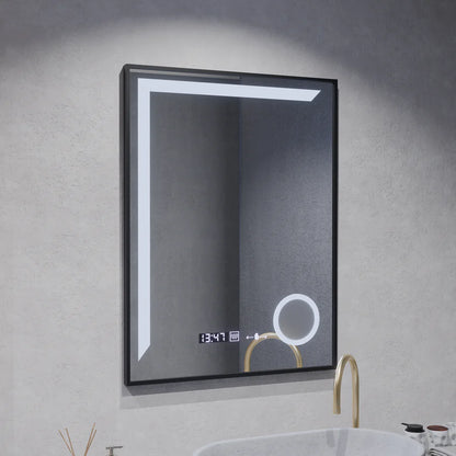 Oglinda LED Senzor Premium MotionGlow Francesca, 60x80cm, Lumina Calda/Rece/Neutra Dimabila Rama Negru Brushed Sistem Dezaburire Termometru Ceas