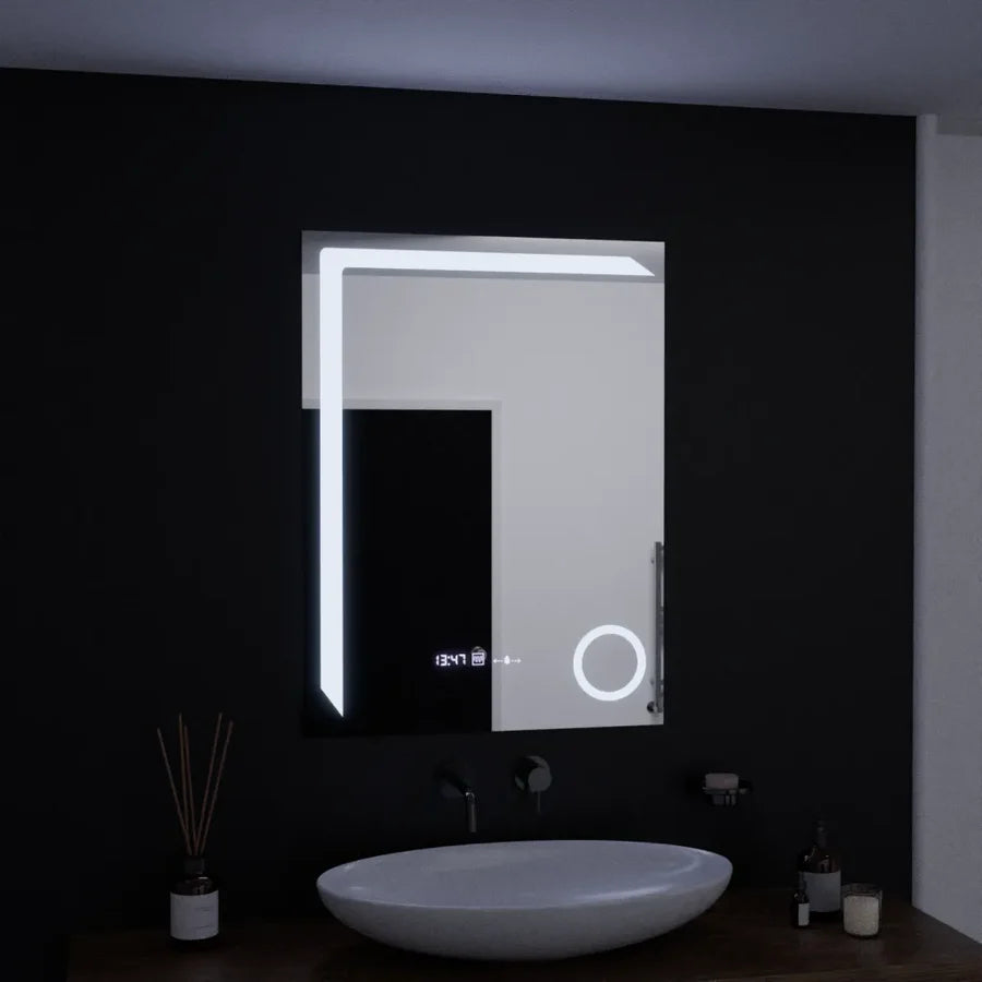 Oglinda LED Rectangulara, 60x80cm, Premium Precision MotionGlow Marcello, Sistem Dezaburire, Ceas &amp; Termometru, Lupa Cosmetica, Dimabila