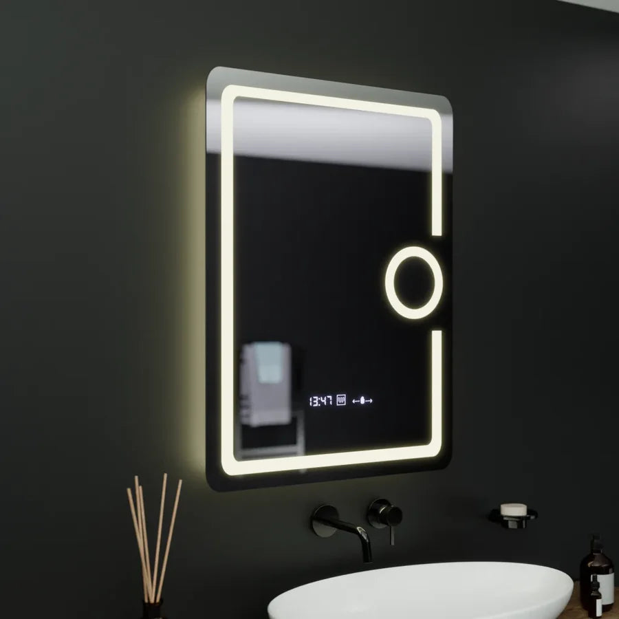 Oglinda LED Rectangulara, 60x80cm, Premium Eclat MotionGlow Marcello, Ceas &amp; Termometru, Sistem Dezaburire, Lupa Cosmetica, Dimabila