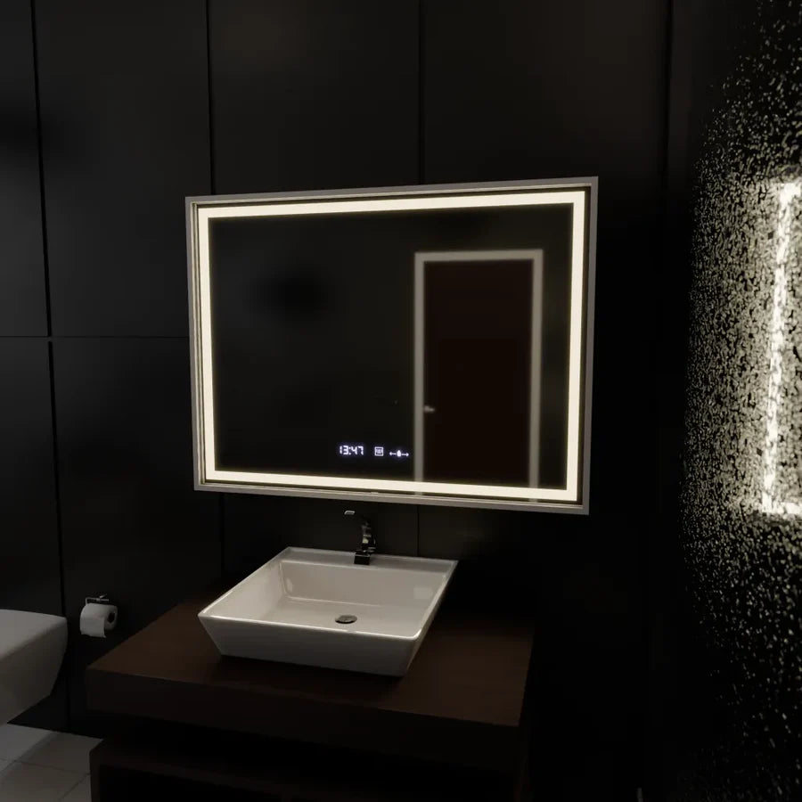 Oglinda LED Rectangulara, 80x60cm, Premium Verite Imperial Silver Motion Glow Marcello, Sistem Dezaburire, Ceas &amp; Termometru, Dimabila