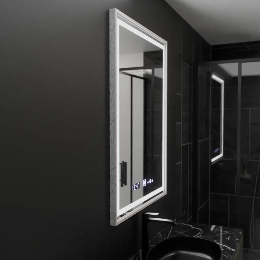 Oglinda LED Rectangulara, 60x80cm, Premium Verite Imperial Silver Motion Glow Marcello, Sistem Dezaburire, Ceas &amp; Termometru, Dimabila
