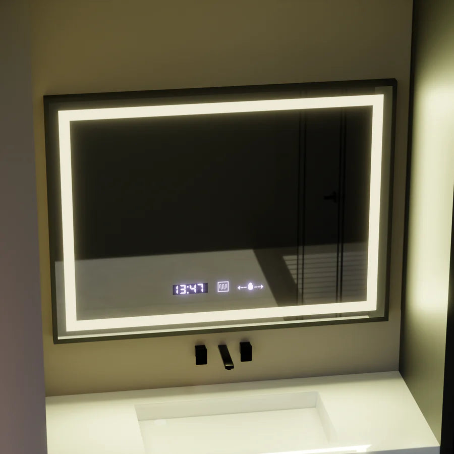 Oglinda LED Rectangulara, 80x60cm, Premium Verite Majeste Noir Motion Glow Marcello, Sistem Dezaburire, Ceas &amp; Termometru, Dimabila