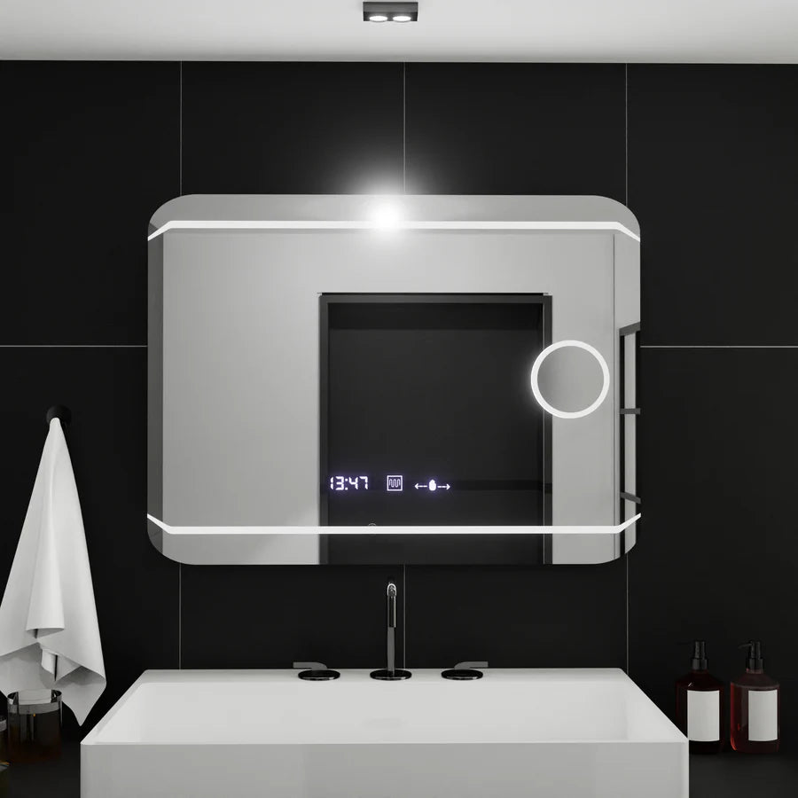 Oglinda LED Rectangulara, 80x60cm, Premium Stile MotionGlow Marcello, Sistem Dezaburire, Ceas &amp; Termometru, Lupa Cosmetica, Dimabila