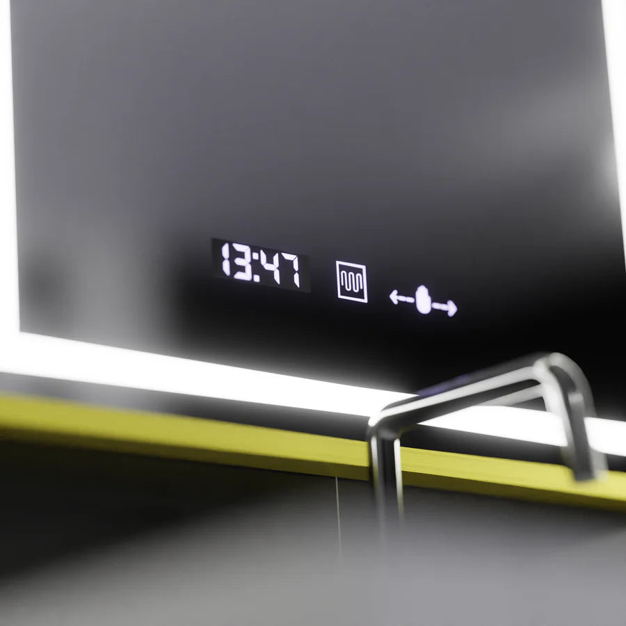 Oglinda LED Rectangulara, 50x70cm, Premium Verite Royale Gold Motion Glow Marcello, Sistem Dezaburire, Ceas &amp; Termometru, Dimabila