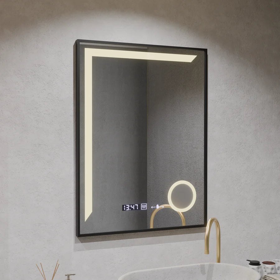 Oglinda LED Senzor Premium MotionGlow Francesca, 60x80cm, Lumina Calda/Rece/Neutra Dimabila Rama Negru Brushed Sistem Dezaburire Termometru Ceas