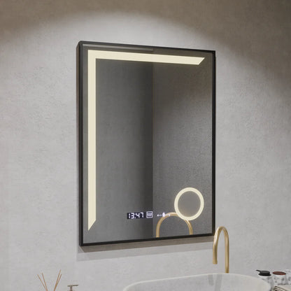 Oglinda LED Senzor Premium MotionGlow Francesca, 60x80cm, Lumina Calda/Rece/Neutra Dimabila Rama Negru Brushed Sistem Dezaburire Termometru Ceas