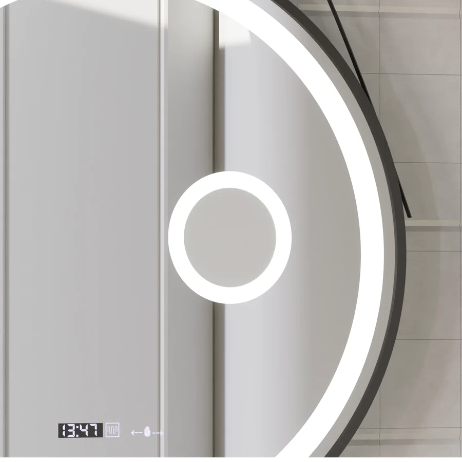 Oglinda LED Rotunda, 60cm, Premium Micah Senzor MotionGlow Marcello, Sistem Dezaburire, Ceas &amp; Termometru, Lupa Cosmetica, Dimabila
