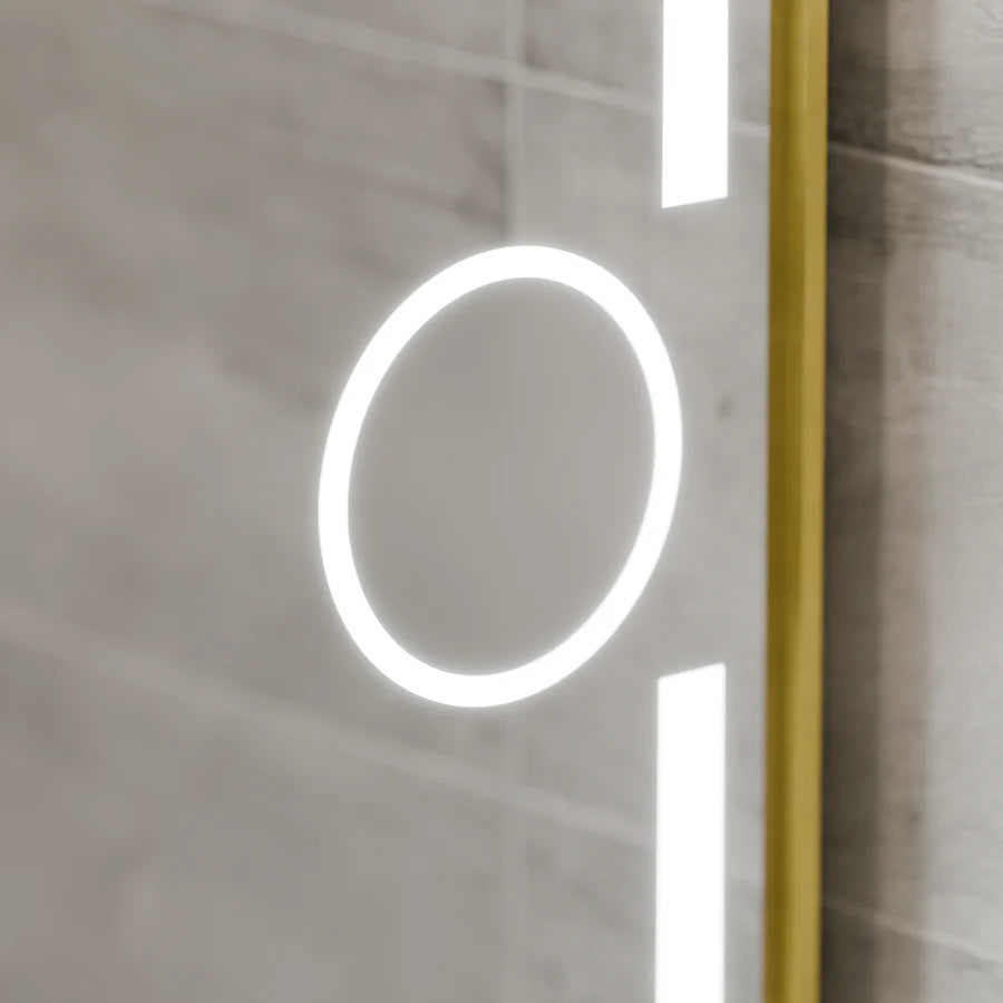 Oglinda LED Rectangulara, 110x65cm, Premium Eclat MotionGlow Marcello, Sistem Dezaburire, Ceas &amp; Termometru, Lupa Cosmetica, Dimabila, Rama Auriu Brushed