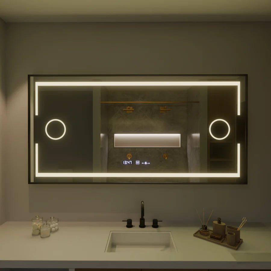 Oglinda LED Rectangulara, 160x80cm, Premium, Senzor Motion Glow Marcello, Sistem Dezaburire, Ceas &amp; Termometru, Lupa Cosmetica, Dimabila