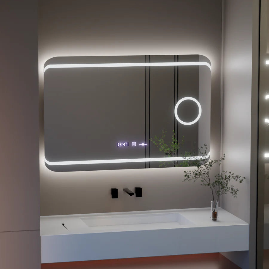 Oglinda LED Rectangulara, 100x60cm, Premium Definition MotionGlow Marcello, Sistem Dezaburire, Ceas &amp; Termometru, Lupa Cosmetica, Dimabila