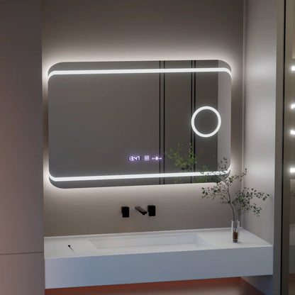Oglinda LED Rectangulara, 100x60cm, Premium Definition MotionGlow Marcello, Sistem Dezaburire, Ceas &amp; Termometru, Lupa Cosmetica, Dimabila