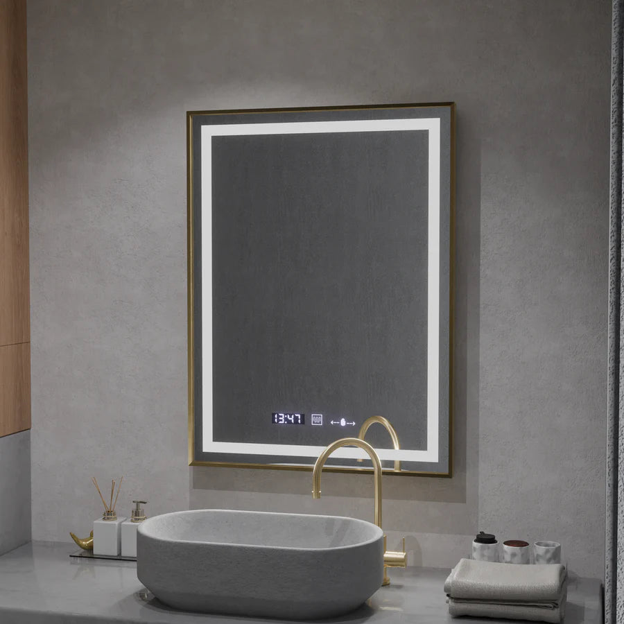 Oglinda LED Rectangulara, 60x80cm, Premium Verite Royale Gold MotionGlow Marcello, Sistem Dezaburire, Ceas &amp; Termometru, Dimabila
