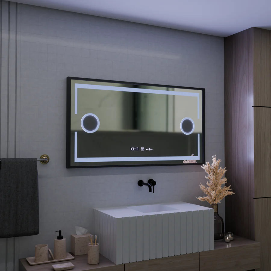 Oglinda LED Senzor MotionGlow Premium Domingo, 120x65 cm, Dezaburire Termometru Ceas, Lumina Rece/Calda/Neutra Dimabila, Rama Negru Brushed