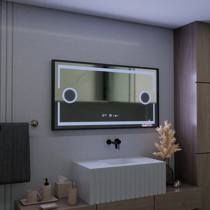 Oglinda LED Senzor MotionGlow Premium Domingo, 120x65 cm, Dezaburire Termometru Ceas, Lumina Rece/Calda/Neutra Dimabila, Rama Negru Brushed