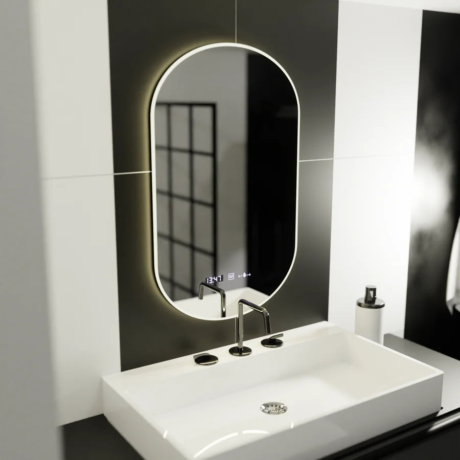 Oglinda LED Ovala, 50x100cm, Premium Lucia Senzor Marcello, Sistem Dezaburire, Ceas &amp; Termometru, Dimabila