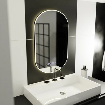 Oglinda LED Ovala, 50x100cm, Premium Lucia Senzor Marcello, Sistem Dezaburire, Ceas &amp; Termometru, Dimabila