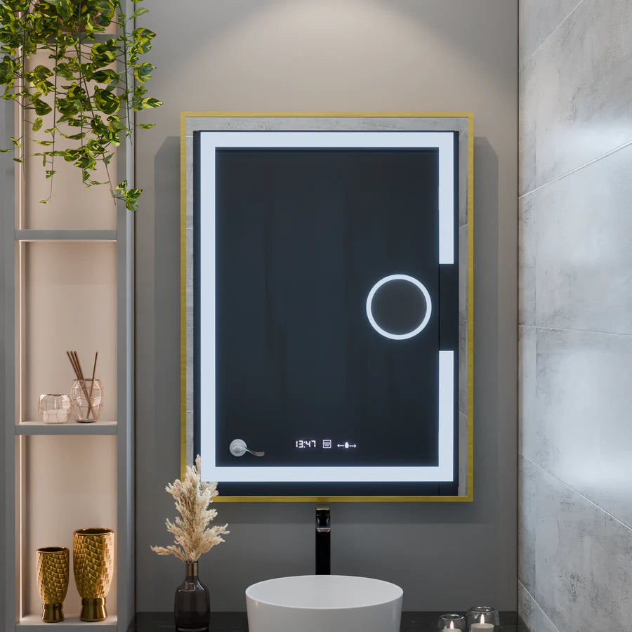Oglinda LED Rectangulara, 60x80cm, Premium Eclat MotionGlow Marcello, Sistem Dezaburire, Ceas &amp; Termometru, Lupa Cosmetica, Dimabila, Rama Auriu Brushed