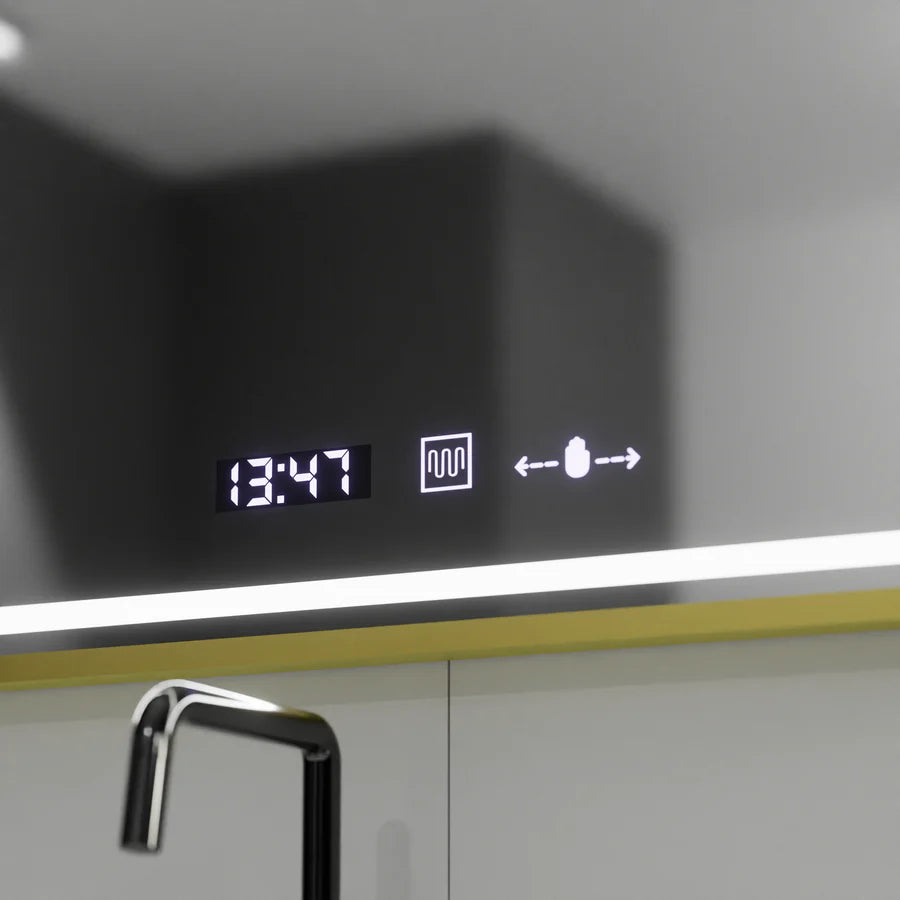 Oglinda LED Rectangulara, 80x60cm, Premium Verite Royale Gold MotionGlow Marcello, Sistem Dezaburire, Ceas &amp; Termometru, Dimabila