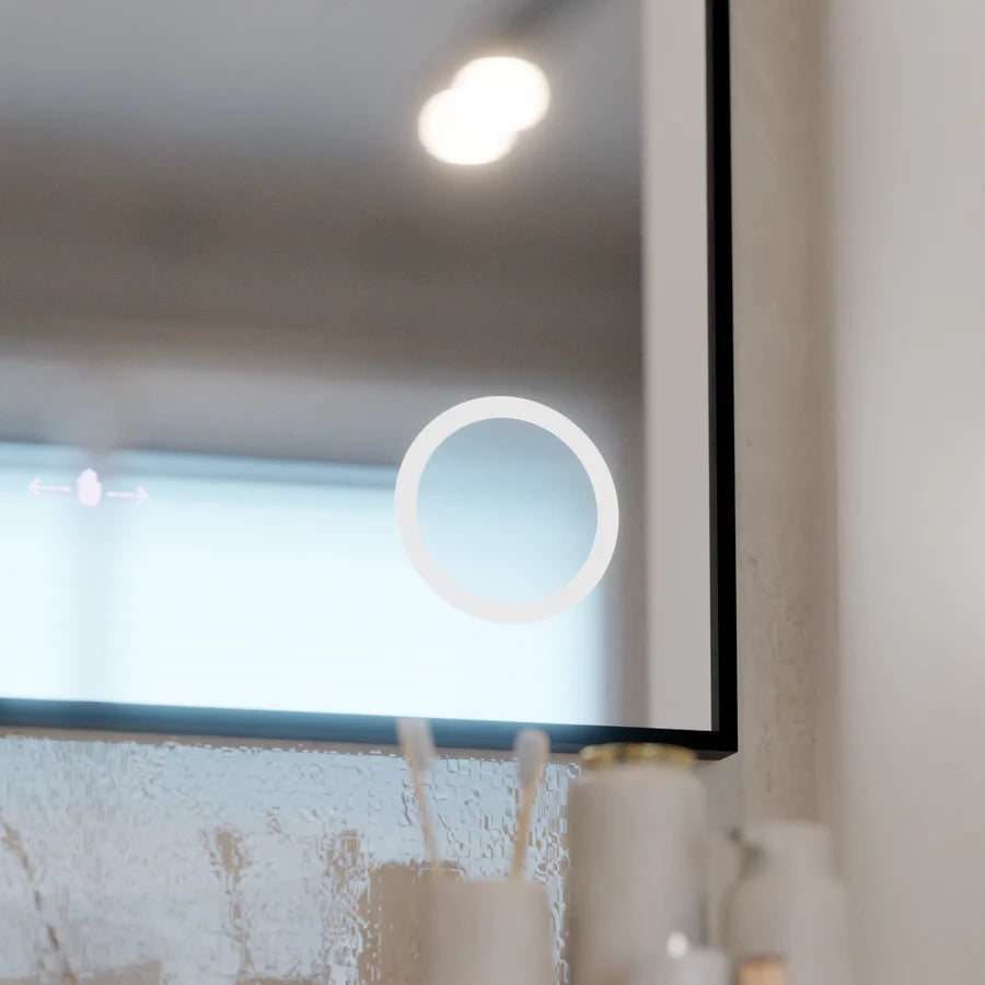 Oglinda LED Senzor MotionGlow Premium Sofia, 110x75 cm, Dezaburire Termometru Ceas, Lumina Calda/Rece/Neutra Dimabila,Rama Negru Brushed