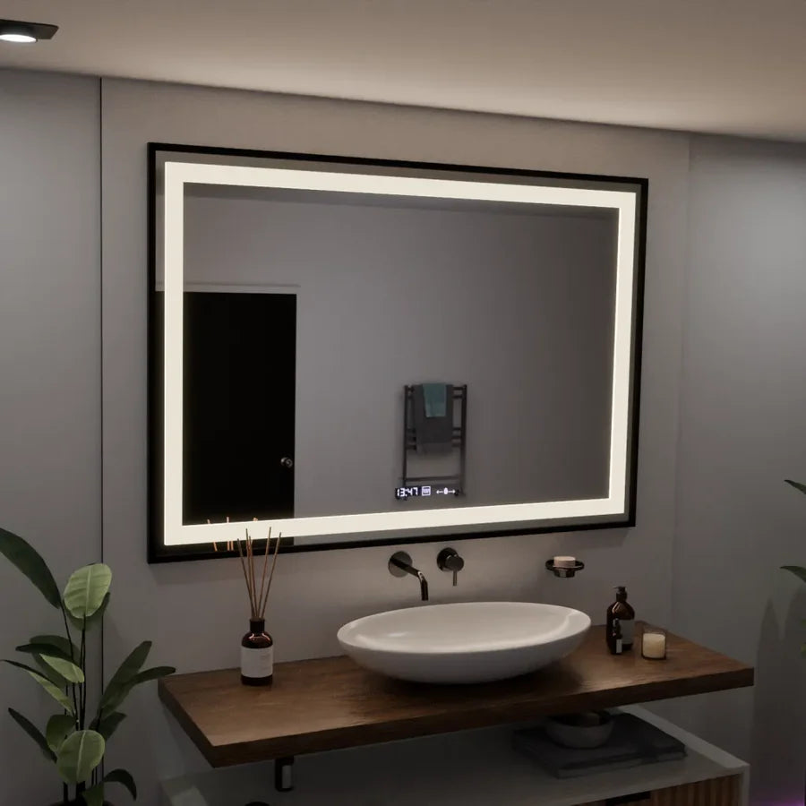 Oglinda LED Rectangulara, 100x65cm, Premium Verite Majeste Noir Motion Glow Marcello, Sistem Dezaburire, Ceas &amp; Termometru, Dimabila