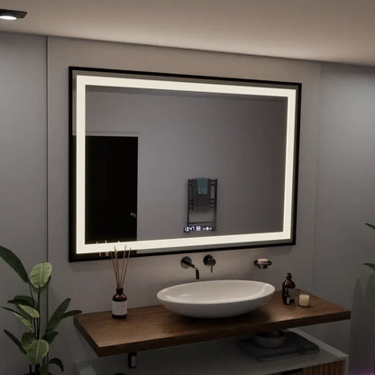 Oglinda LED Rectangulara, 100x65cm, Premium Verite Majeste Noir Motion Glow Marcello, Sistem Dezaburire, Ceas &amp; Termometru, Dimabila