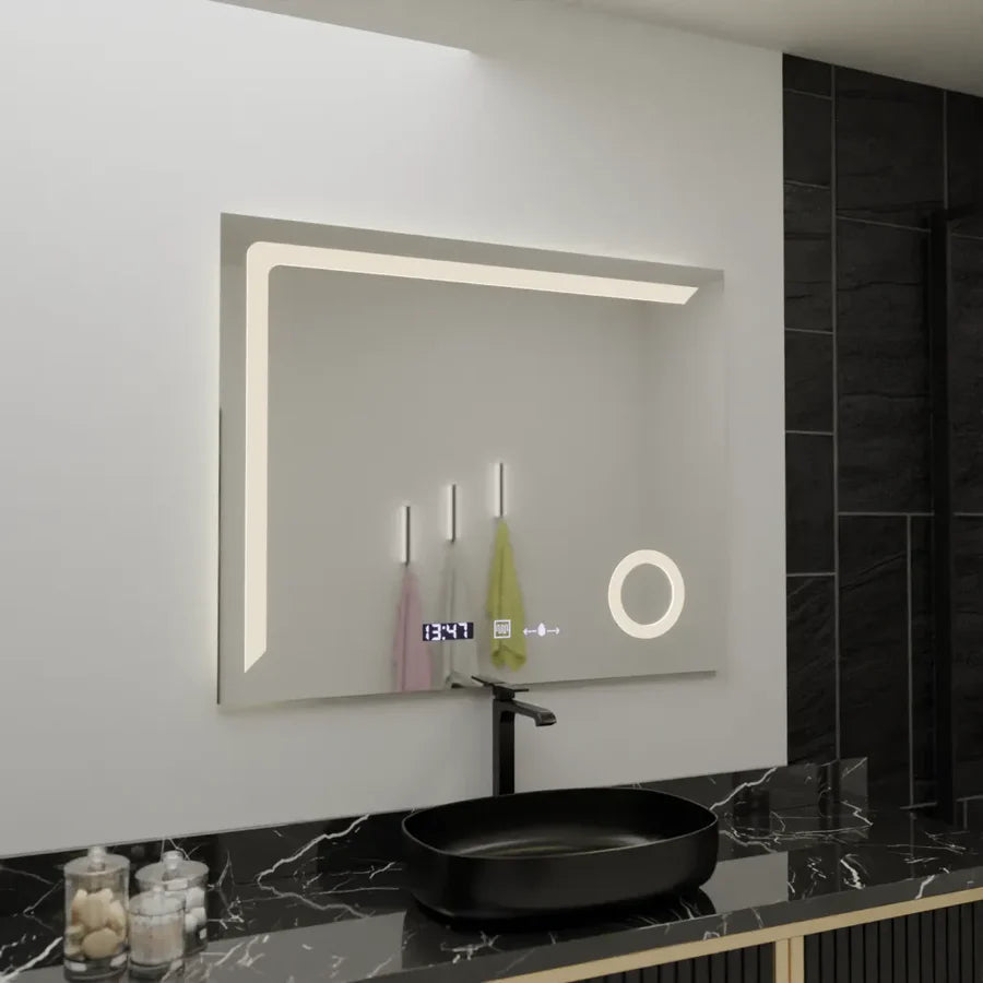 Oglinda LED Rectangulara, 100x80cm, Premium Precision MotionGlow Marcello, Sistem Dezaburire, Ceas &amp; Termometru, Lupa Cosmetica, Dimabila