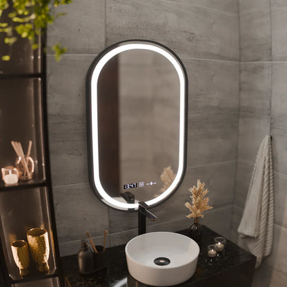 Oglinda LED Senzor Premium Helmut, 50x80 cm, Sistem Dezaburire, Ceas si Temperatura, Rama Negru Brushed Marcello Funghi