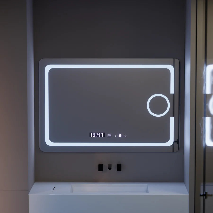 Oglinda LED Rectangulara, 120x80cm, Premium Eclat MotionGlow Marcello, Sistem Dezaburire, Ceas &amp; Termometru, Lupa Cosmetica, Dimabila