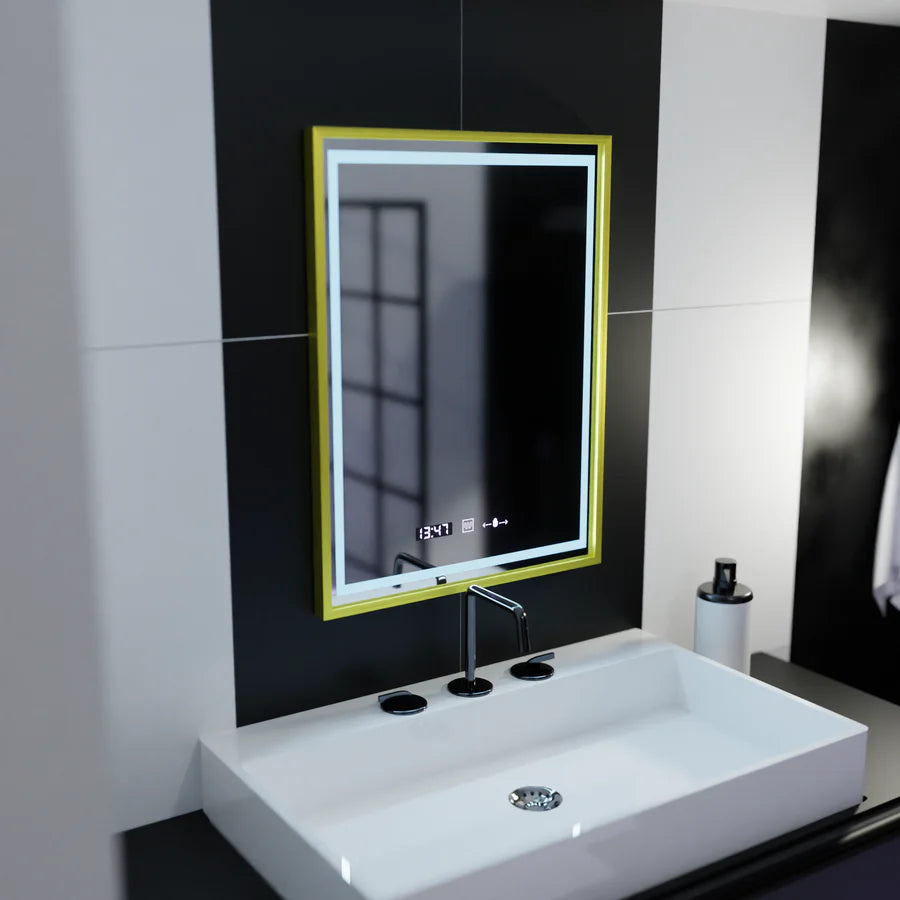 Oglinda LED Rectangulara, 50x70cm, Premium Verite Royale Gold Motion Glow Marcello, Sistem Dezaburire, Ceas &amp; Termometru, Dimabila