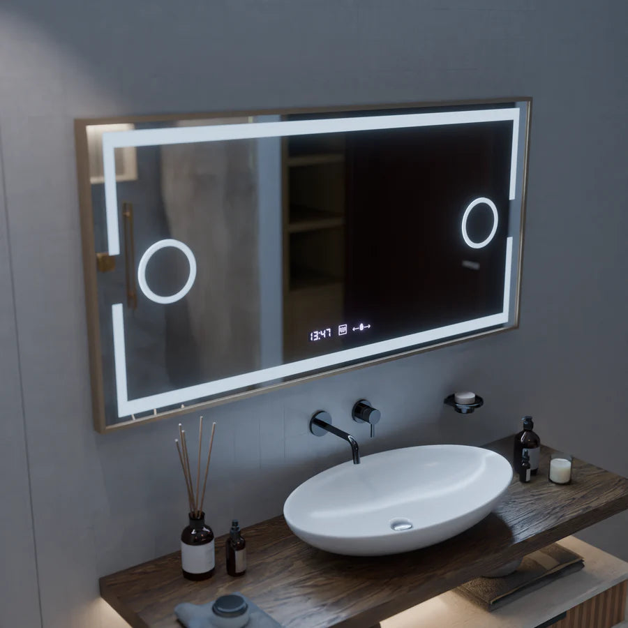 Oglinda LED Senzor MotionGlow Premium Isabell, 120x80 cm, Dezaburire Termometru Ceas, Lumina Calda/Rece/Neutra Dimabila, Rama Rose Gold Brushed