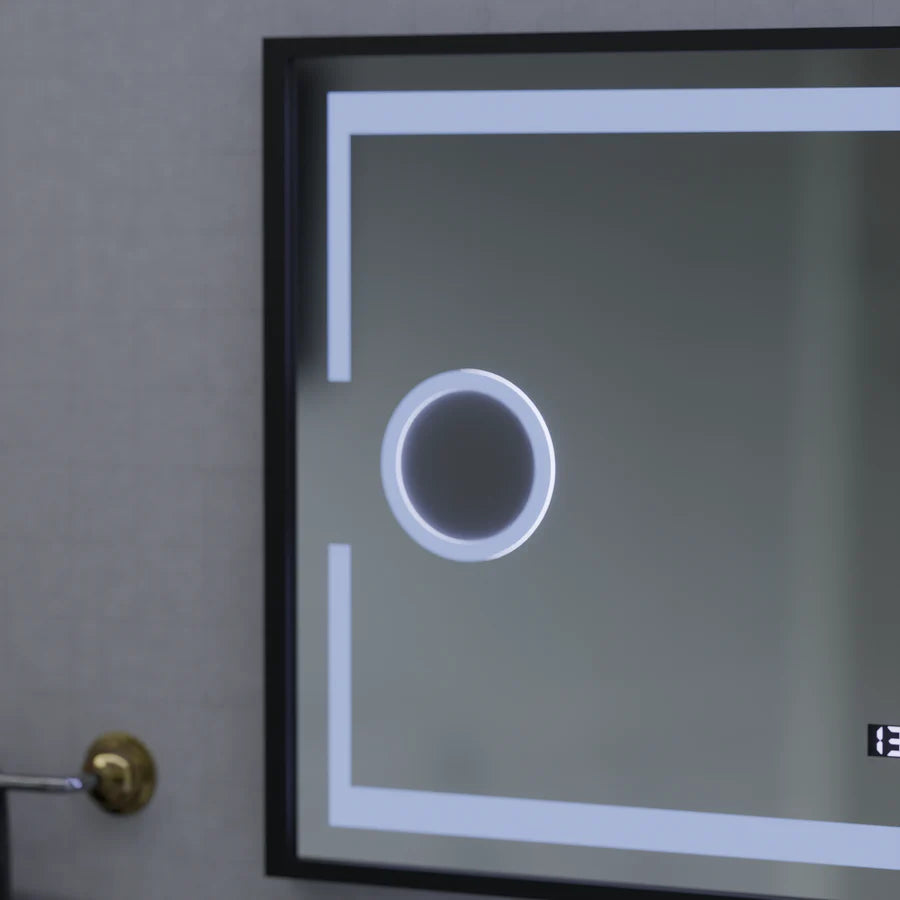 Oglinda LED Senzor MotionGlow Premium Domingo, 120x65 cm, Dezaburire Termometru Ceas, Lumina Rece/Calda/Neutra Dimabila, Rama Negru Brushed