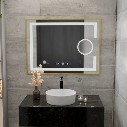 Oglinda LED Rectangulara, 80x60cm, Premium Eclat MotionGlow Marcello, Sistem Dezaburire, Ceas &amp; Termometru, Lupa Cosmetica, Dimabila, Rama Auriu Brushed