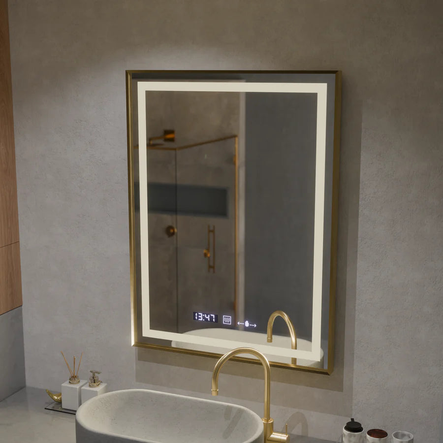 Oglinda LED Rectangulara, 60x80cm, Premium Verite Royale Gold MotionGlow Marcello, Sistem Dezaburire, Ceas &amp; Termometru, Dimabila