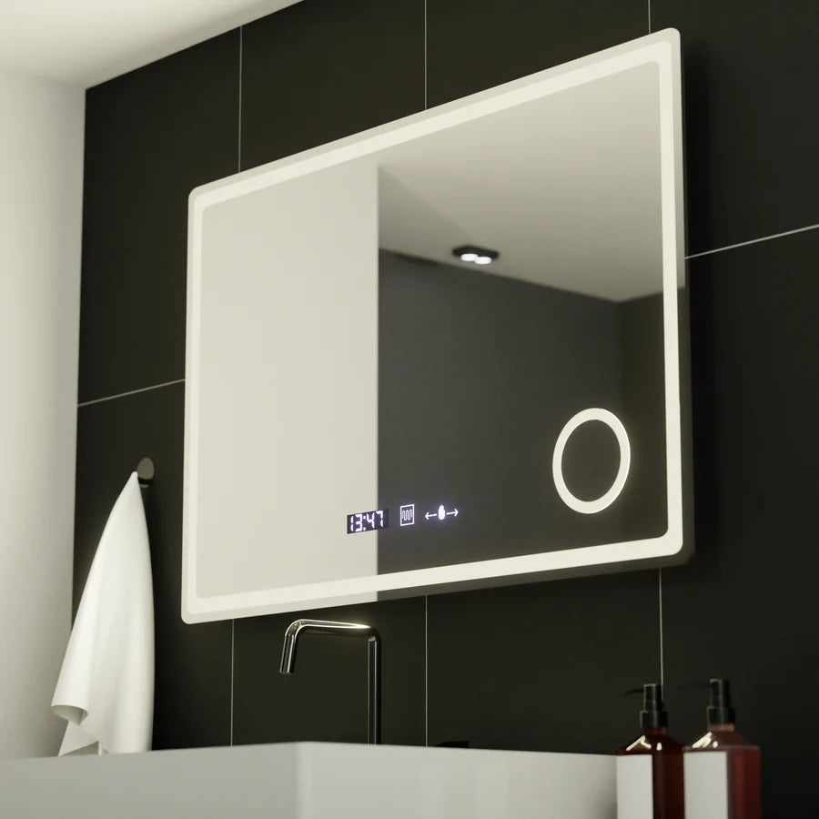 Oglinda LED Rectangulara, 90x60cm, Premium Velour MotionGlow Marcello, Sistem Dezaburire, Ceas &amp; Termometru, Lupa Cosmetica, Dimabila