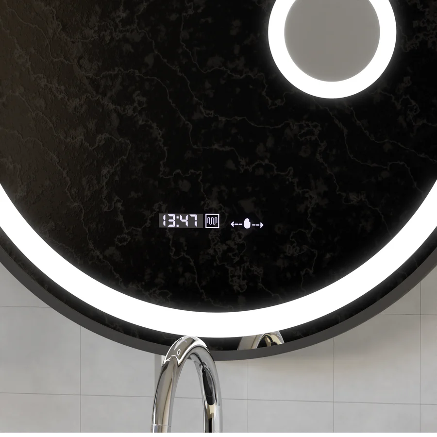 Oglinda LED Rotunda, 60cm, Premium Micah Senzor MotionGlow Marcello, Sistem Dezaburire, Ceas &amp; Termometru, Lupa Cosmetica, Dimabila