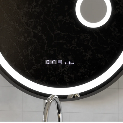 Oglinda LED Rotunda, 60cm, Premium Micah Senzor MotionGlow Marcello, Sistem Dezaburire, Ceas &amp; Termometru, Lupa Cosmetica, Dimabila