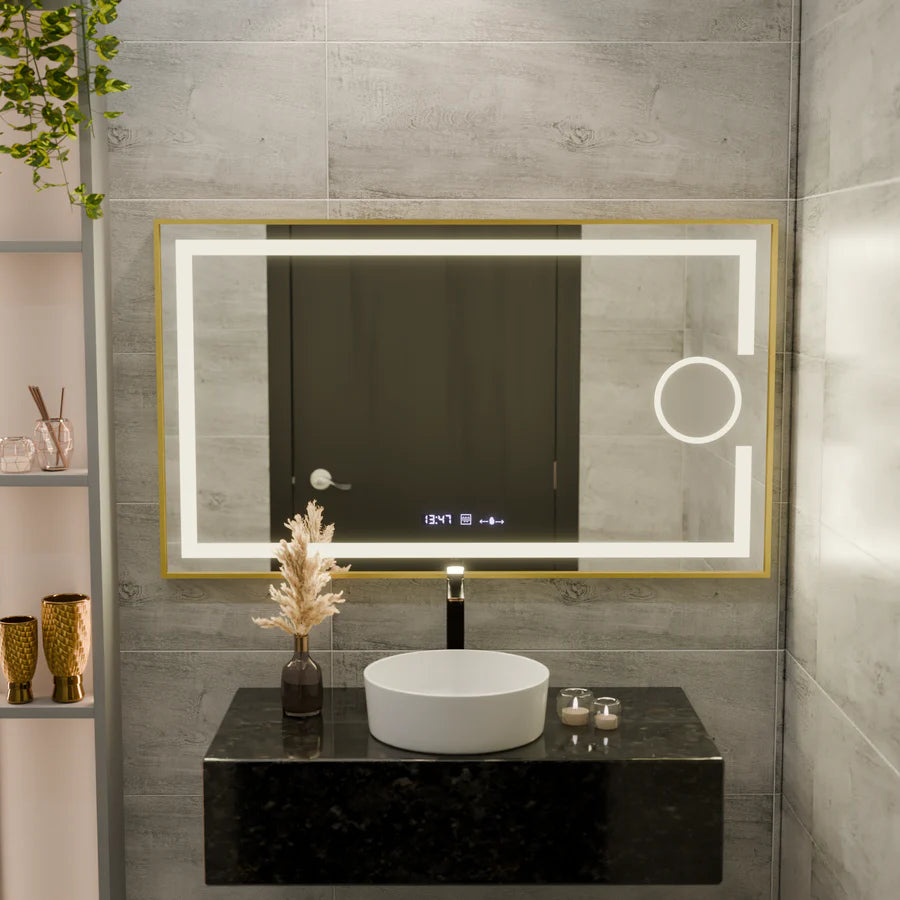 Oglinda LED Rectangulara, 120x80cm, Premium Eclat MotionGlow Marcello, Sistem Dezaburire, Ceas &amp; Termometru, Lupa Cosmetica, Dimabila, Rama Auriu Brushed