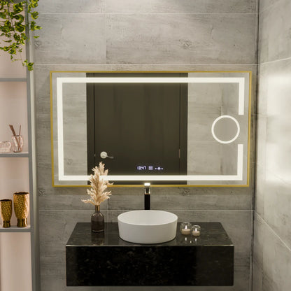 Oglinda LED Rectangulara, 120x80cm, Premium Eclat MotionGlow Marcello, Sistem Dezaburire, Ceas &amp; Termometru, Lupa Cosmetica, Dimabila, Rama Auriu Brushed