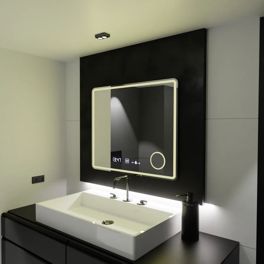 Oglinda LED Rectangulara, 90x75cm, Premium Riflesso MotionGlow Marcello, Sistem Dezaburire, Ceas &amp; Termometru, Lupa Cosmetica, Dimabila