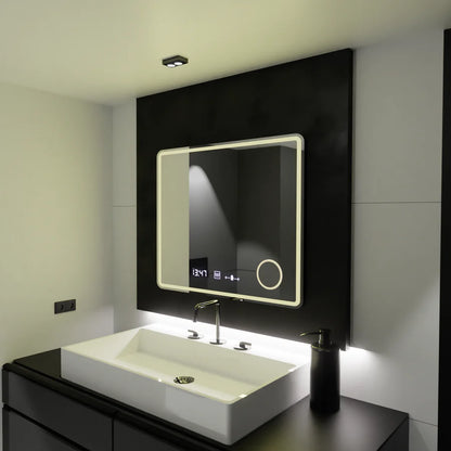 Oglinda LED Rectangulara, 90x75cm, Premium Riflesso MotionGlow Marcello, Sistem Dezaburire, Ceas &amp; Termometru, Lupa Cosmetica, Dimabila