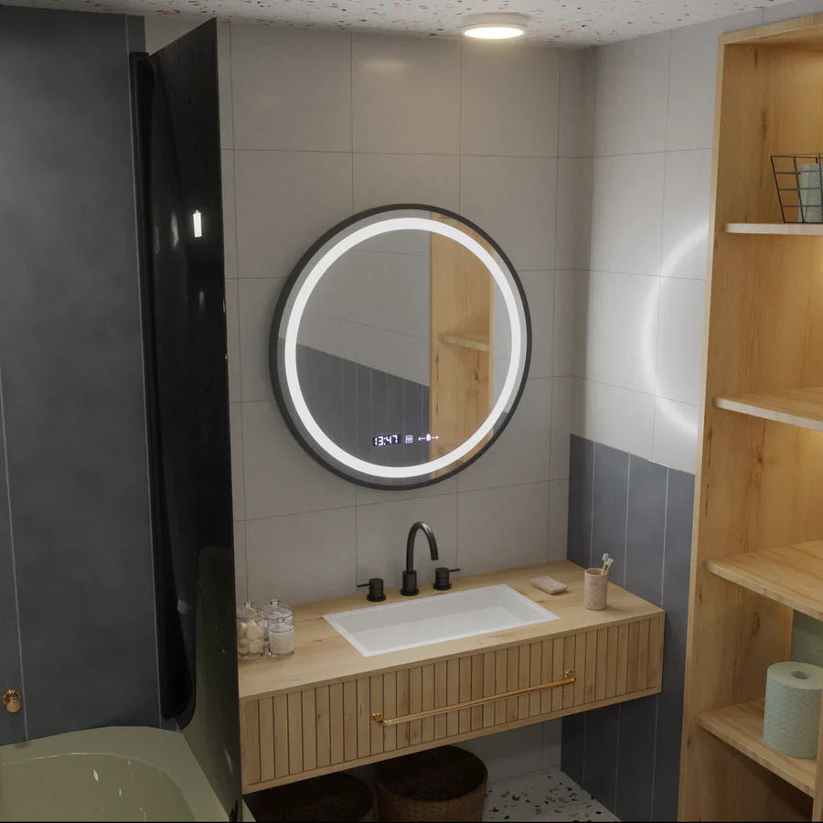 Oglinda LED Rotunda, 60cm, Premium Celeste Majeste Noir Eleve MotionGlow Marcello, Sistem Dezaburire, Ceas &amp; Termometru, Dimabila