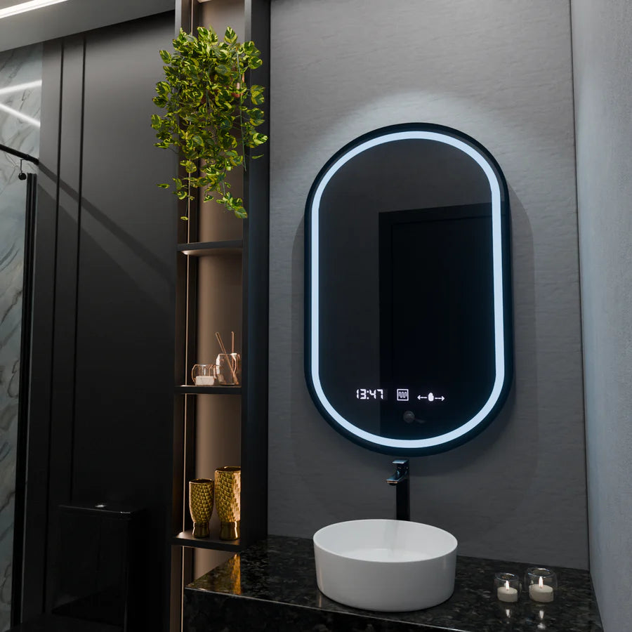 Oglinda LED Ovala, 50x80cm, Premium Alessia MotionGlow Marcello, Sistem Dezaburire, Ceas &amp; Termometru, Dimabila